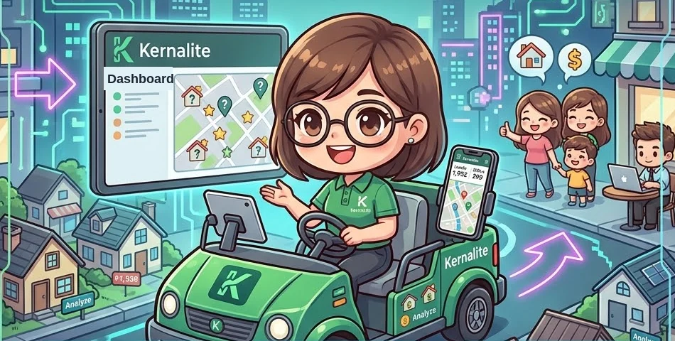 Lily driving a neighbourhood with the Kernalite dashboard beside her