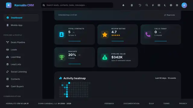 Dashboard screen with pipeline value, calls today and the setup checklist