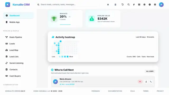 Dashboard screen with pipeline value, calls today and the setup checklist