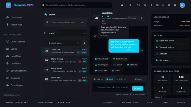 Unified Inbox screen showing a conversation thread with the contact snapshot beside it