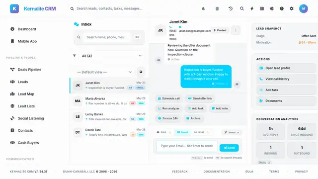 Unified Inbox screen showing a conversation thread with the contact snapshot beside it
