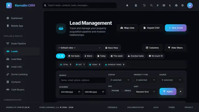 Lead Management screen with filters, saved views and the map view button