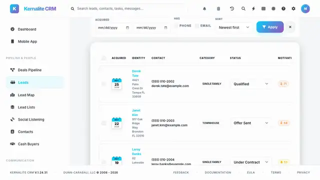 Lead Management screen with filters, saved views and the map view button