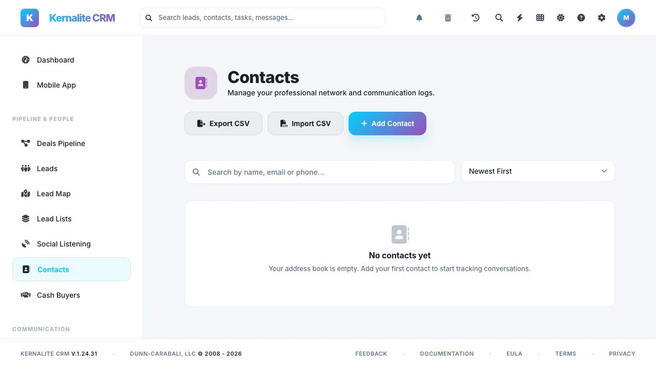 Kernalite contacts page with import and export