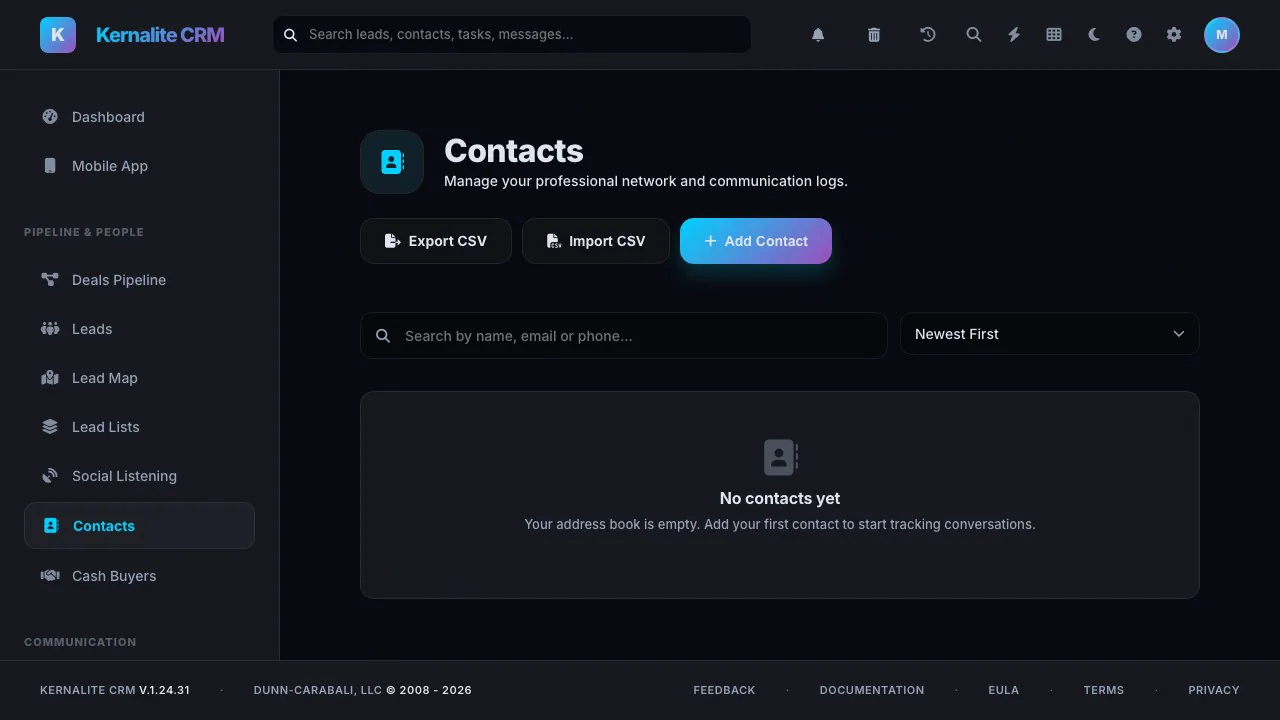 Kernalite contacts page with import and export