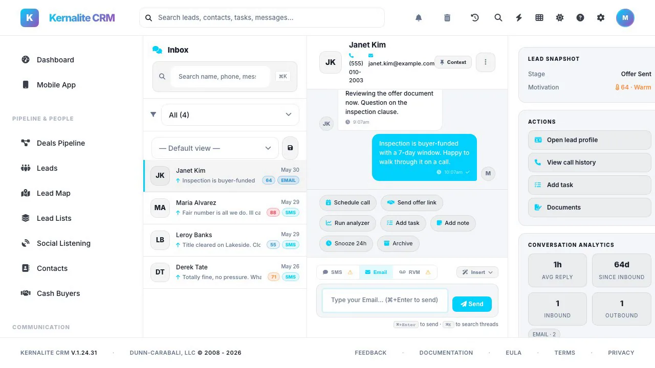 Kernalite unified inbox with a text conversation, lead snapshot and next actions