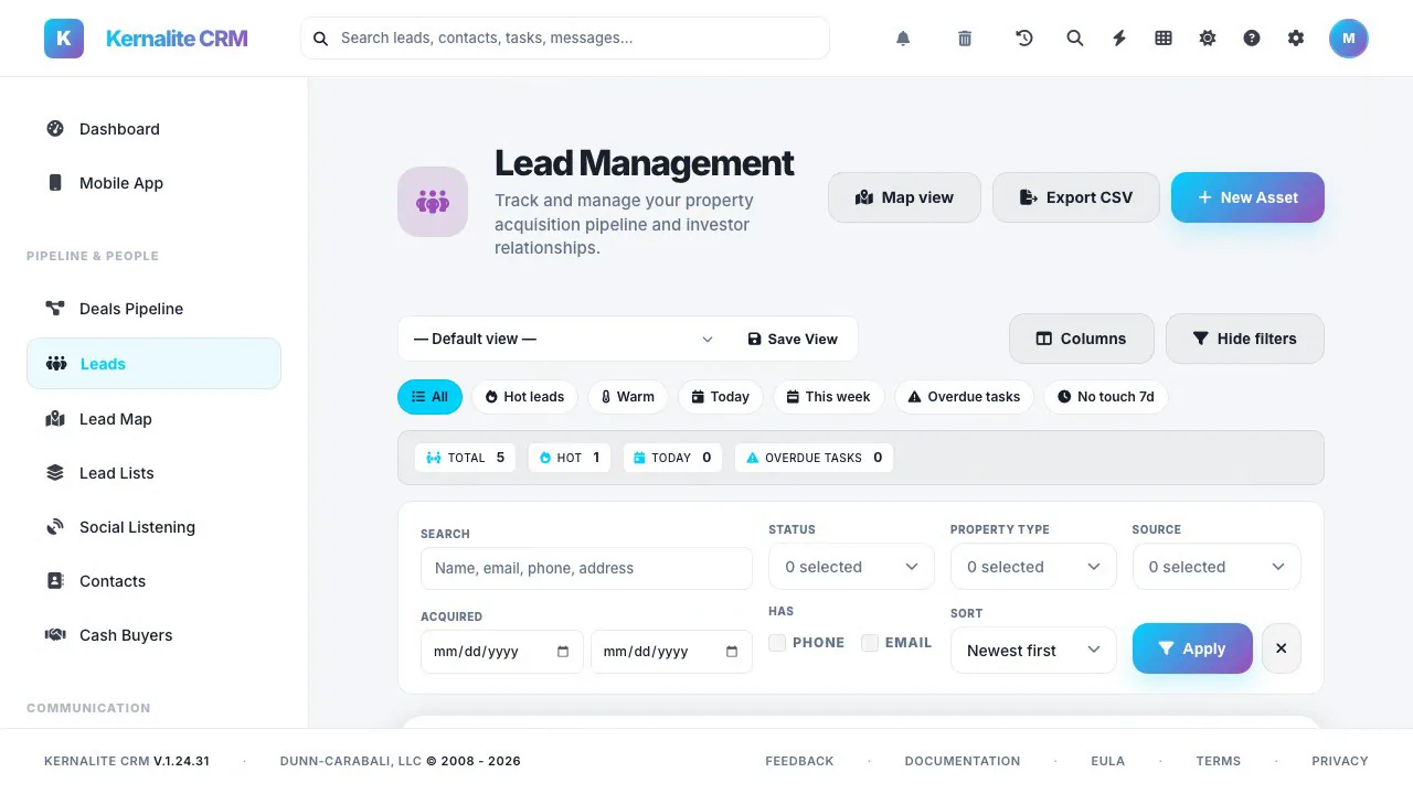 Kernalite lead management list with filters for hot leads, today, this week and overdue tasks