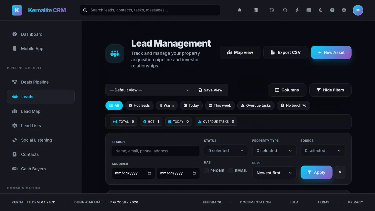 Kernalite lead management list with filters for hot leads, today, this week and overdue tasks