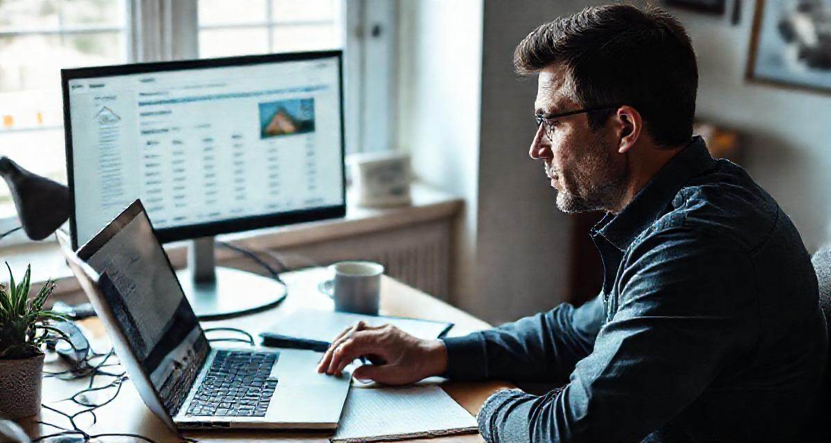 An investor using a laptop to review skip tracing results and property data in a focused home office setting.