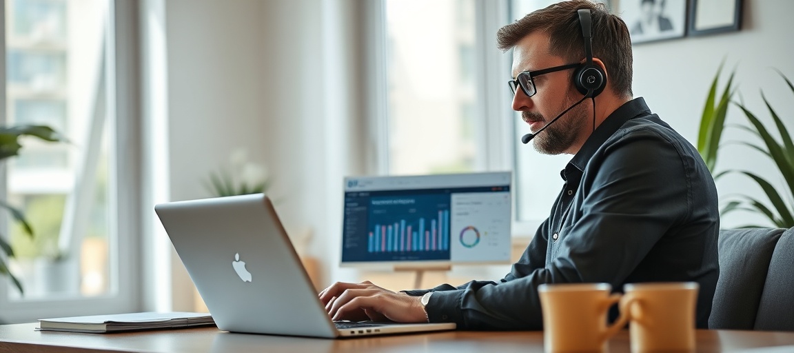 A focused real estate wholesaler making a cold call from a home office, using a headset and a laptop.