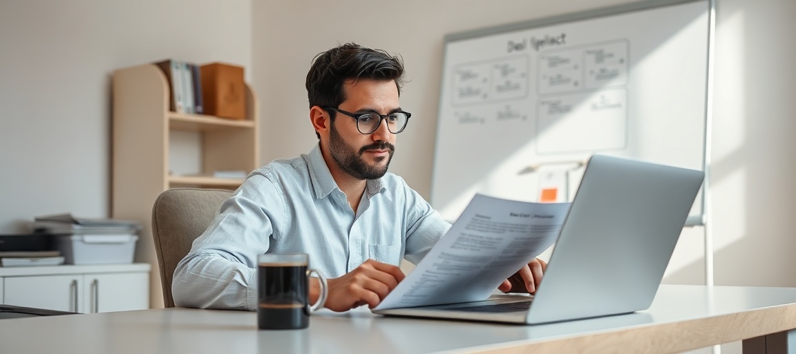 A focused real estate wholesaler reviewing a contract on a laptop, with a coffee mug and a deal pipeline whiteboard in the background, in a well-lit office.
