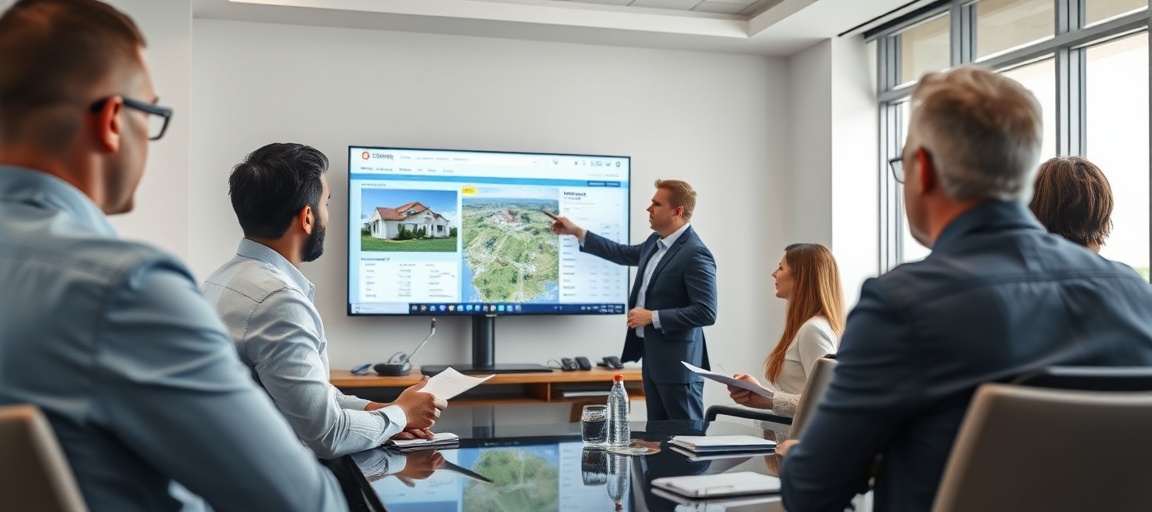 Wholesaler presenting property data and deal analysis to cash buyers in a meeting, pointing to a screen with property details.