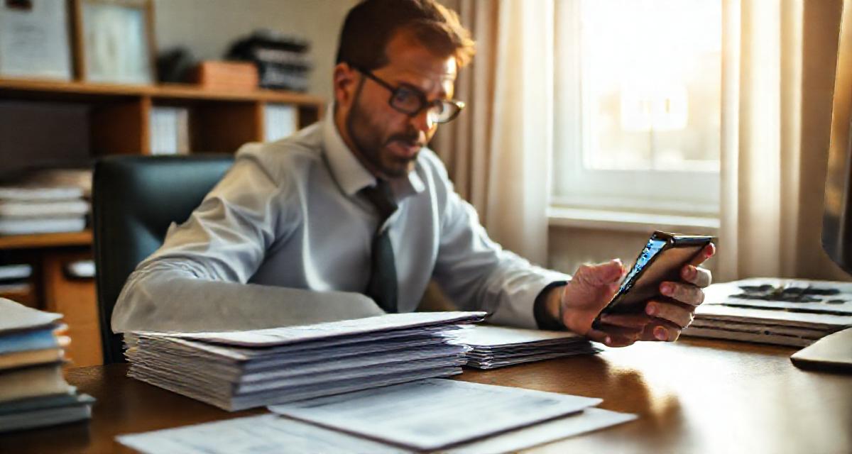 A wholesaler comparing a stack of direct mail letters and a smartphone with SMS messages, strategizing for motivated sellers.
