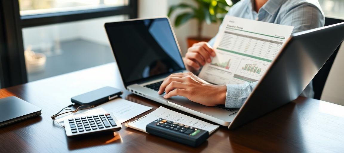 A real estate wholesaler calculating MAO on a laptop with a calculator and notes, focused on deal analysis.