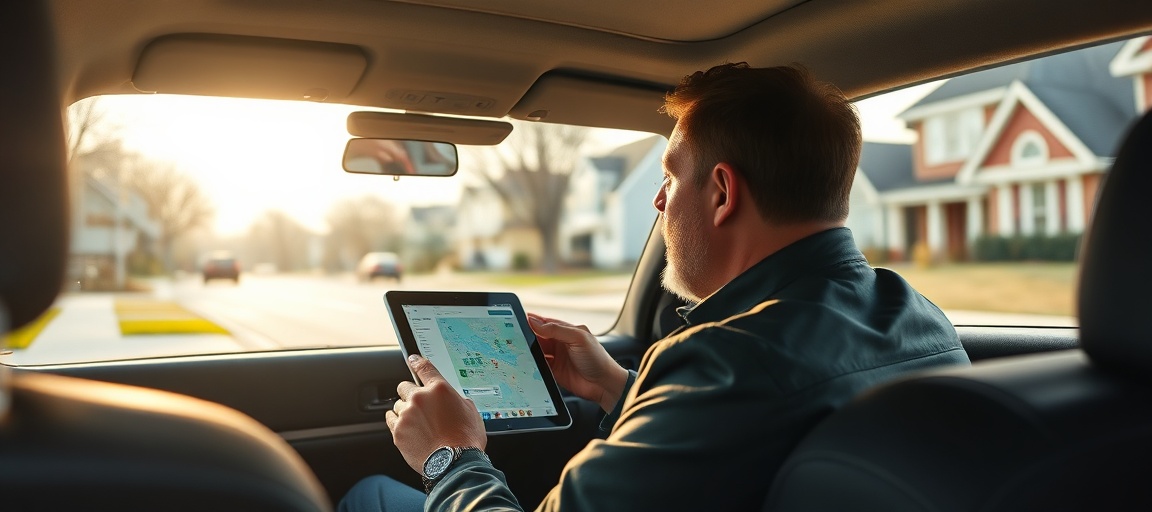 A real estate wholesaler driving for dollars, using a mobile app on a tablet to tag potential off-market properties on a quiet residential street.