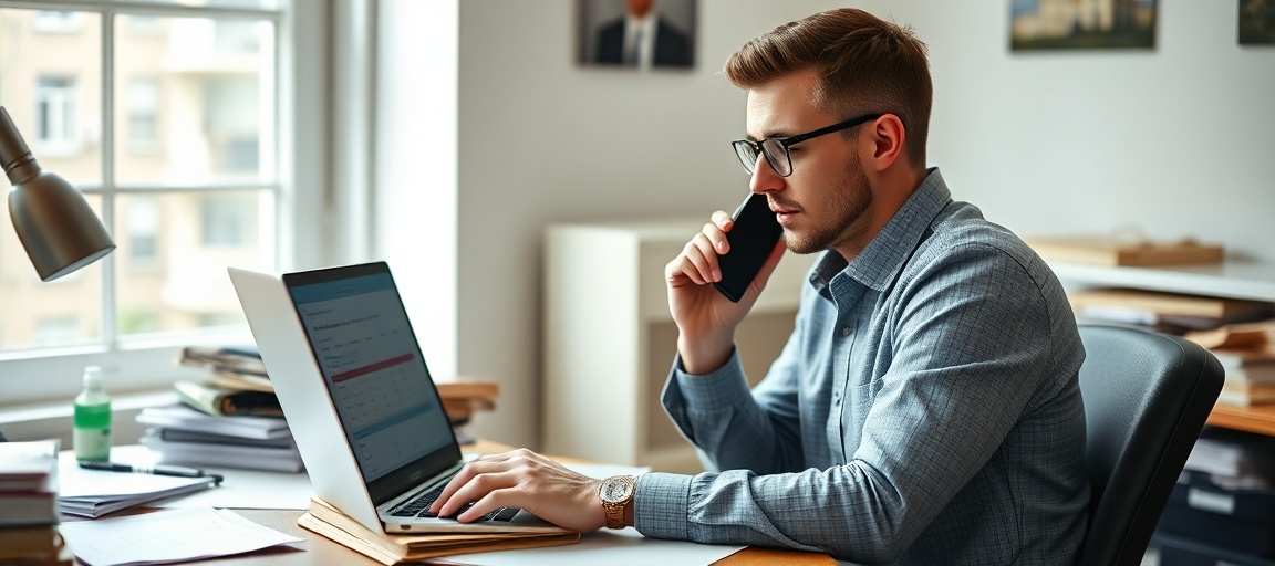 A real estate wholesaler researching probate records on a laptop, with physical documents and a phone, demonstrating focused lead generation.