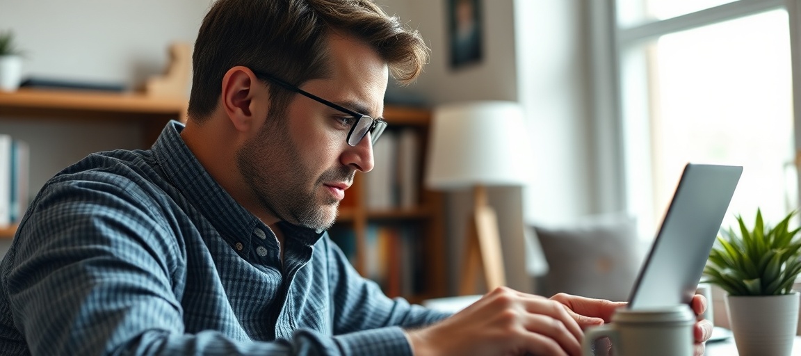 A real estate wholesaler using social media on a laptop to find motivated sellers, demonstrating focused online research.