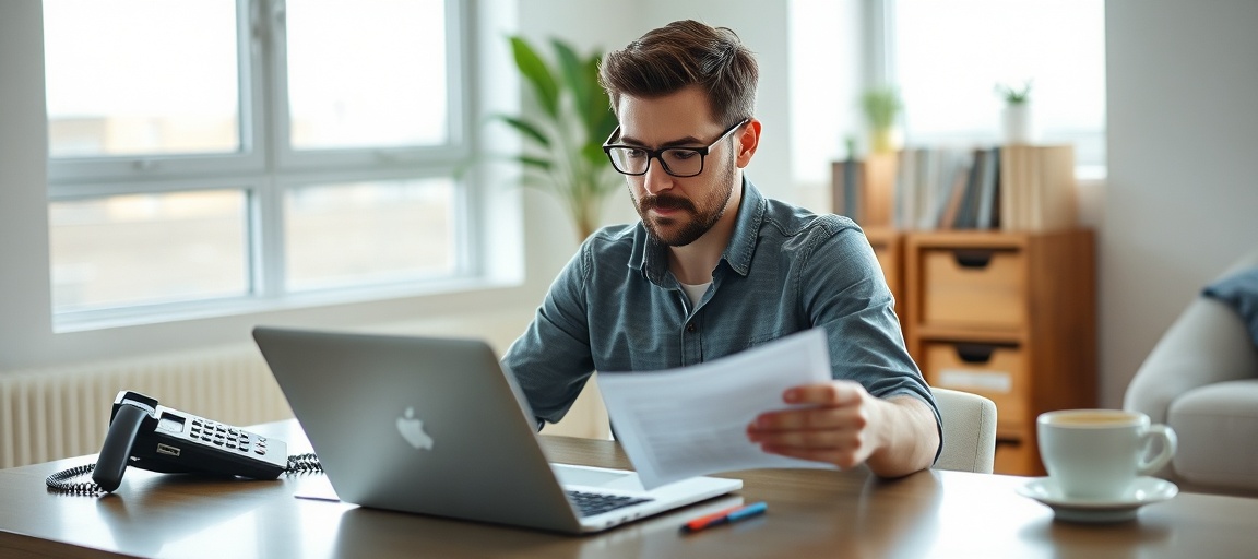 A real estate wholesaler reviews title documents on his laptop, ensuring a smooth closing for his next wholesale deal.