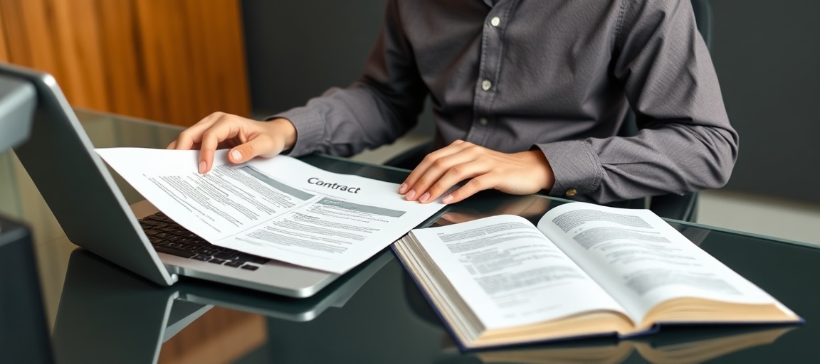Wholesaler reviewing legal documents and contracts on a laptop, ensuring compliance for real estate deals.