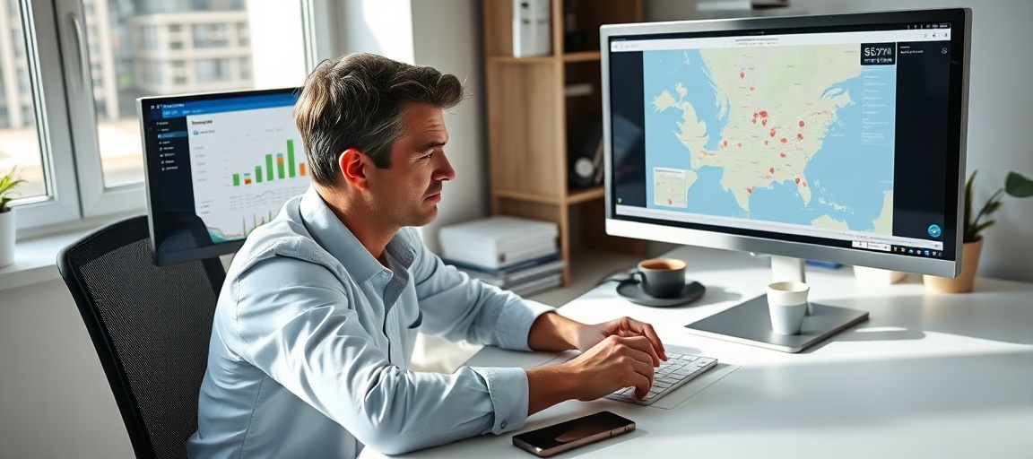A focused real estate wholesaler managing multiple deals on a dual-monitor setup, showing a CRM pipeline and property map.