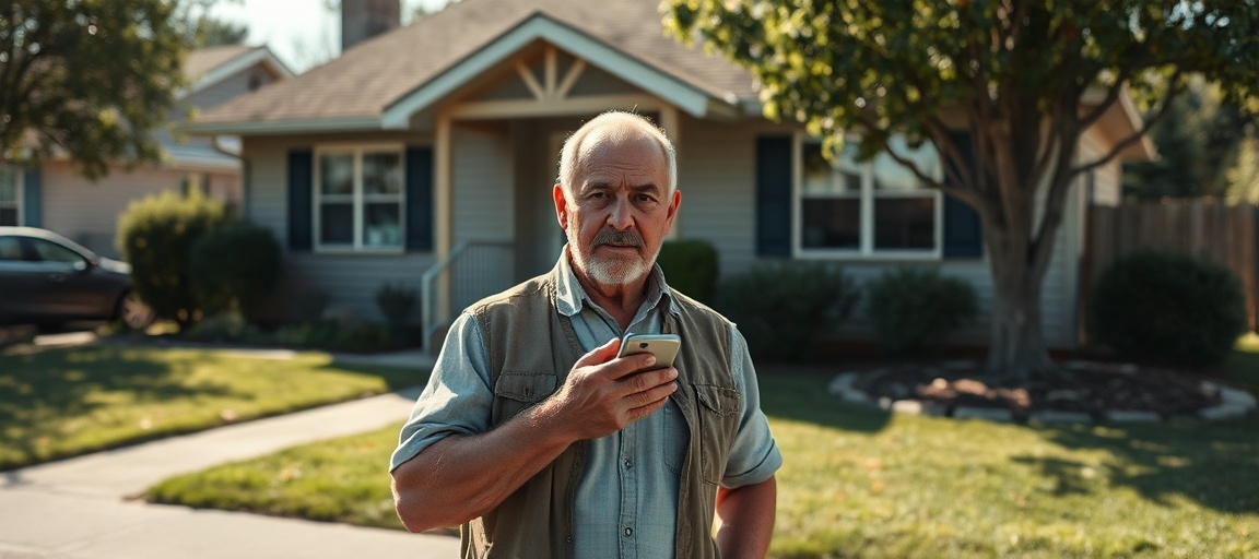 Real estate wholesaler on a phone call, negotiating with a seller outside a property, demonstrating active listening and problem-solving.