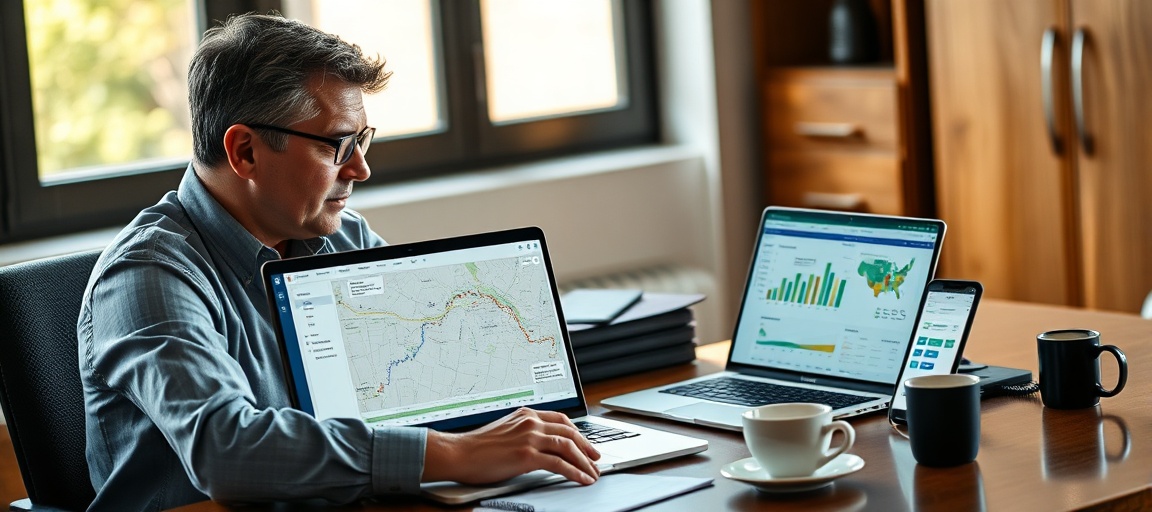 A wholesaler comparing property data on two laptops, one showing PropStream-like maps and the other a DealMachine-like mobile app, for lead generation.