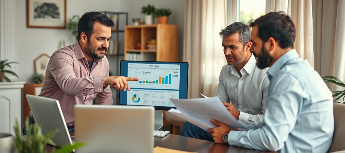 Three real estate wholesalers in a small office, using lead management software on a laptop to track deals and communicate with prospects.