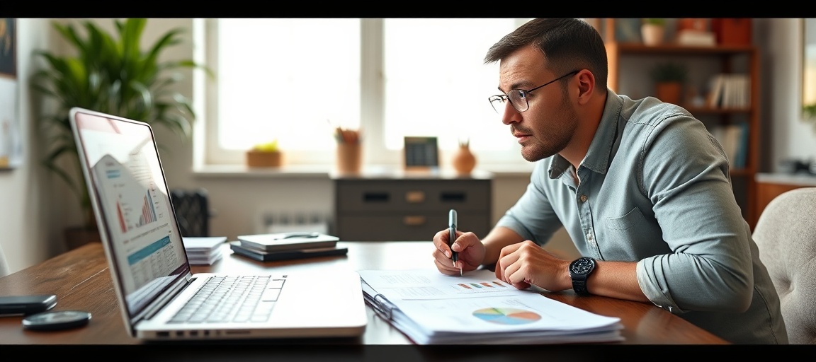 A real estate investor reviewing title documents on a laptop, surrounded by paper files, indicating diligent property research.