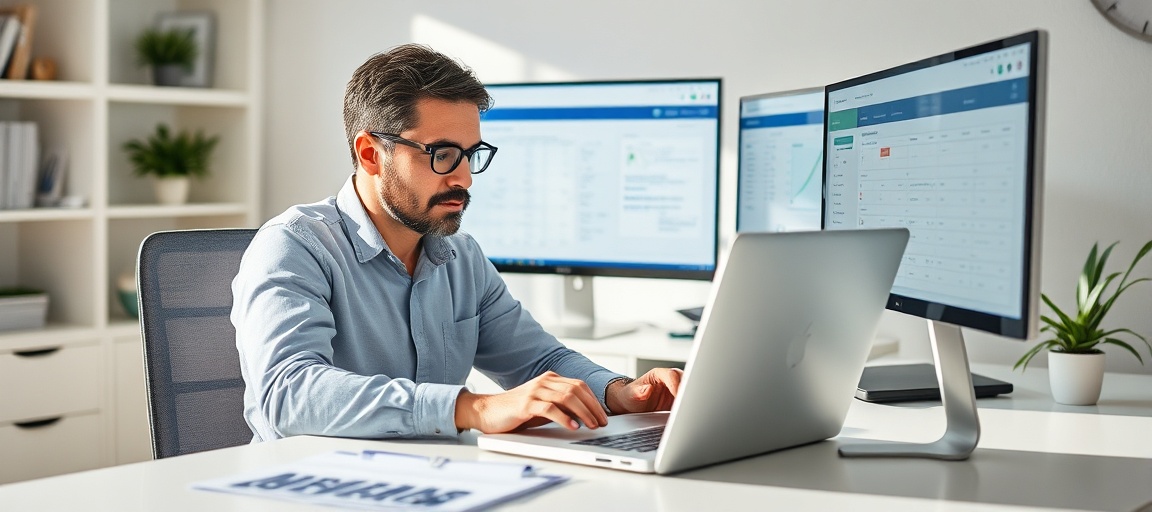 A wholesaler efficiently managing deals on a laptop, with a CRM on a second screen, demonstrating streamlined operations.