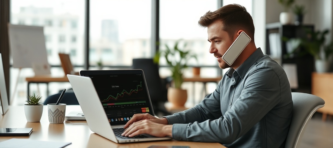 A real estate wholesaler on a phone call, managing a deal pipeline on a laptop, representing the fast-paced nature of closing wholesale deals.