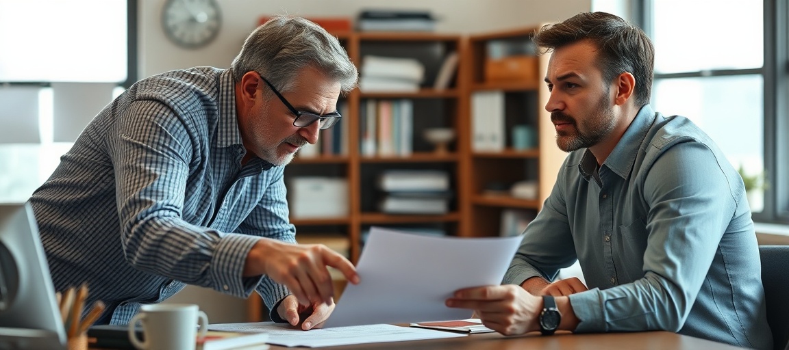 Real estate wholesaler discussing a preliminary document, possibly an MOU, with a motivated seller in a relaxed office environment.
