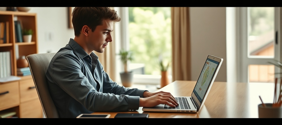 A new real estate investor analyzing property data on a laptop, deciding between wholesaling and house flipping strategies.